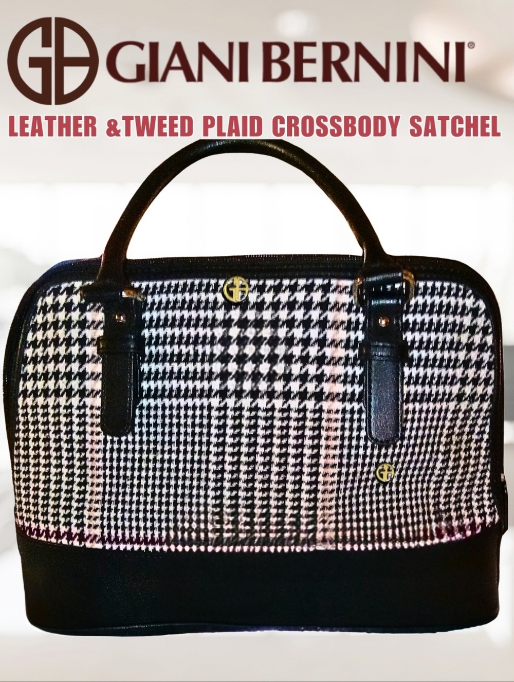 Giani Bernini Leather Black White Red Herringbone Tweed Crossbody Satchel New